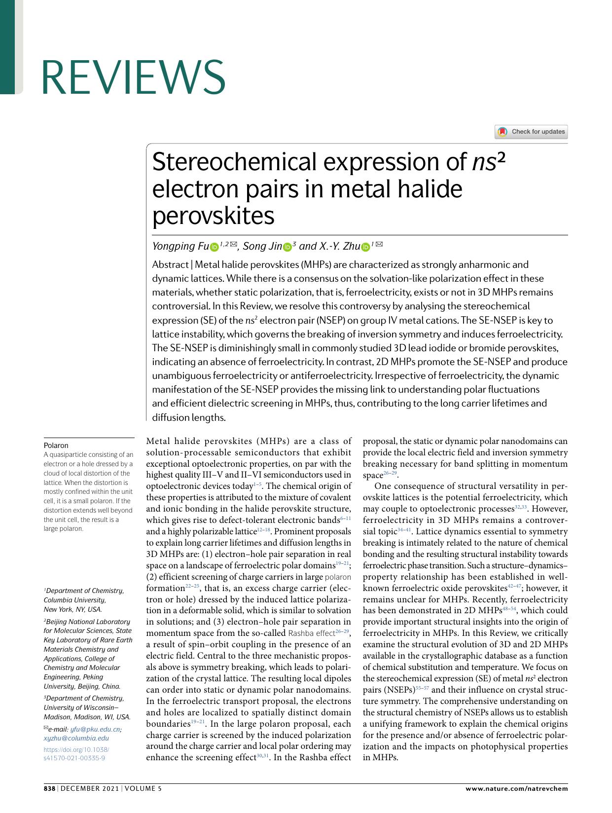 Stereochemical expression of ns2 electron pairs in metal halide perovskites by Yongping Fu & Song Jin & X.-Y. Zhu