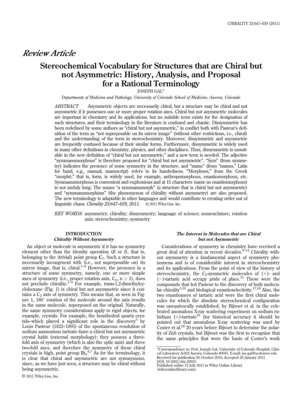 Stereochemical vocabulary for structures that are chiral but not asymmetric: History, analysis, and proposal for a rational terminology by Unknown