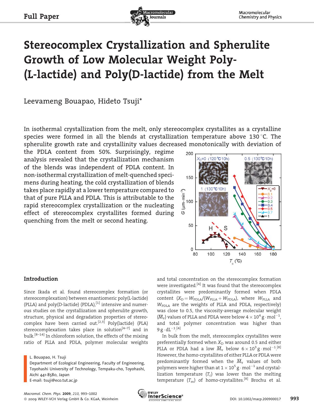 Stereocomplex Crystallization and Spherulite Growth of Low Molecular Weight Poly(L-lactide) and Poly(D-lactide) from the Melt by Unknown