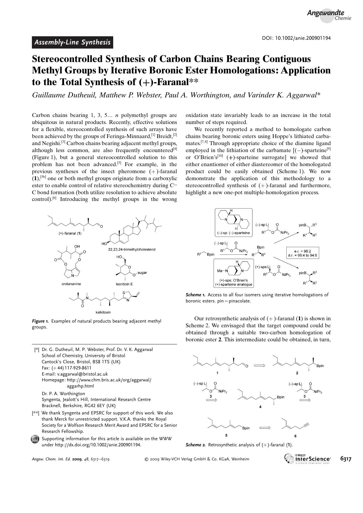 Stereocontrolled Synthesis of Carbon Chains Bearing Contiguous Methyl Groups by Iterative Boronic Ester Homologations: Application to the Total Synthesis of (+)-Faranal by Unknown