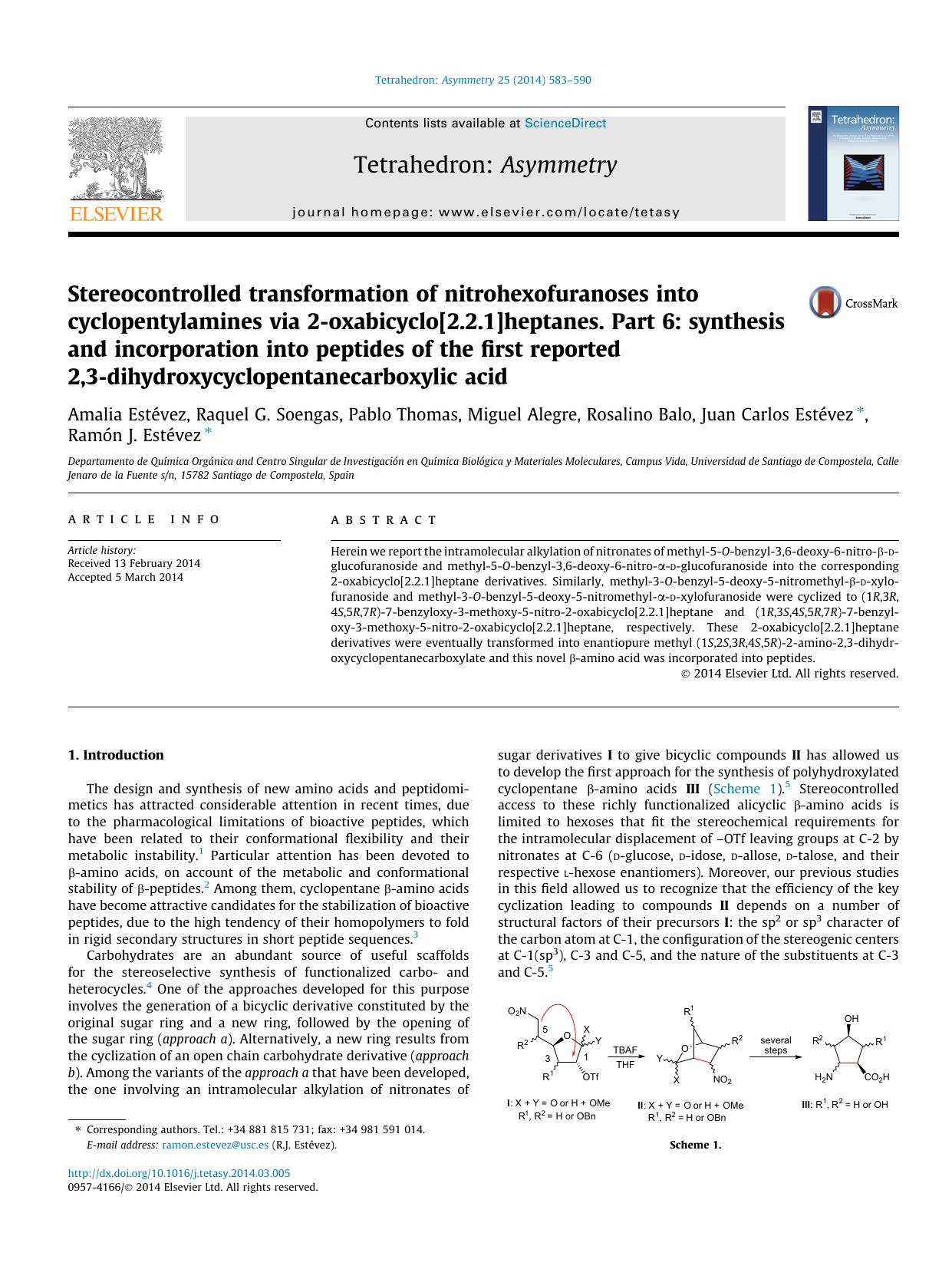 Stereocontrolled transformation of nitrohexofuranoses into cyclopentylamines via 2-oxabicyclo[2.2.1]heptanes. Part 6: synthesis and incorporation into peptides of the first reporte by unknow