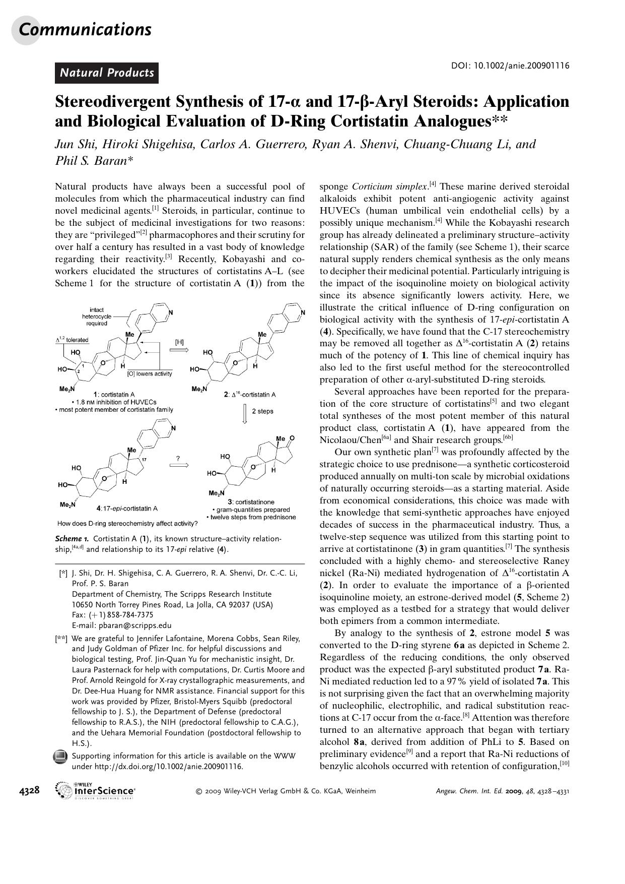 Stereodivergent Synthesis of 17-[alpha] and 17-[beta]-[Agr]ryl Steroids: Application and Biological Evaluation of D-Ring Cortistatin Analogues by Unknown