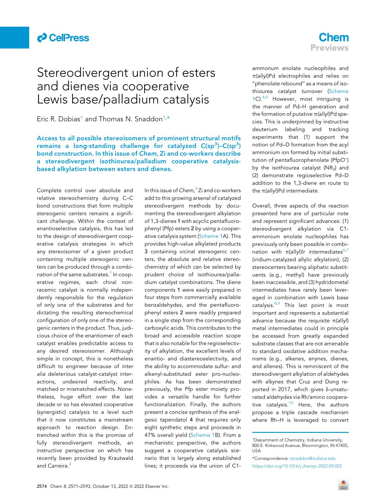 Stereodivergent union of esters and dienes via cooperative Lewis basepalladium catalysis by Eric R. Dobias & Thomas N. Snaddon