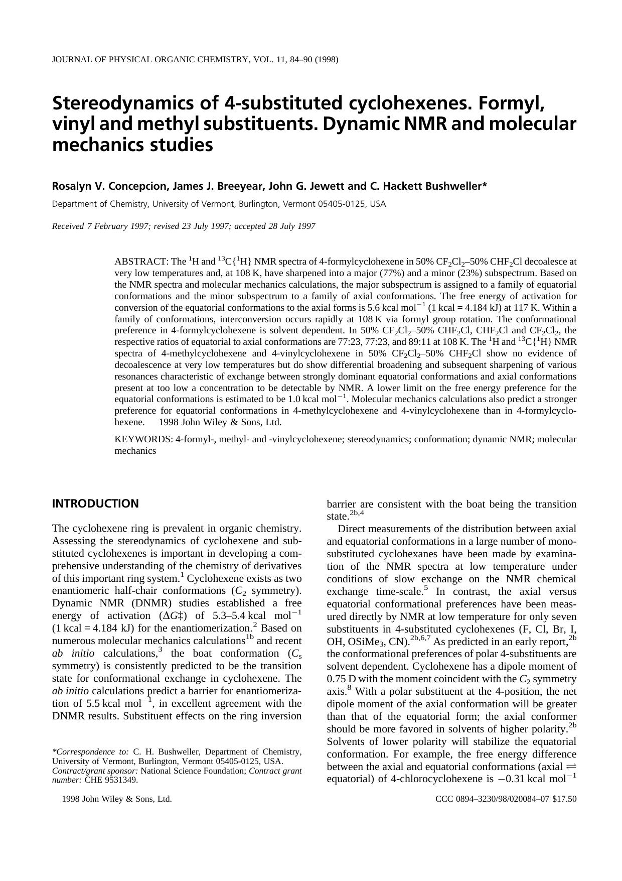 Stereodynamics of 4-substituted cyclohexenes. Formyl, vinyl and methyl substituents. Dynamic NMR and molecular mechanics studies by Unknown