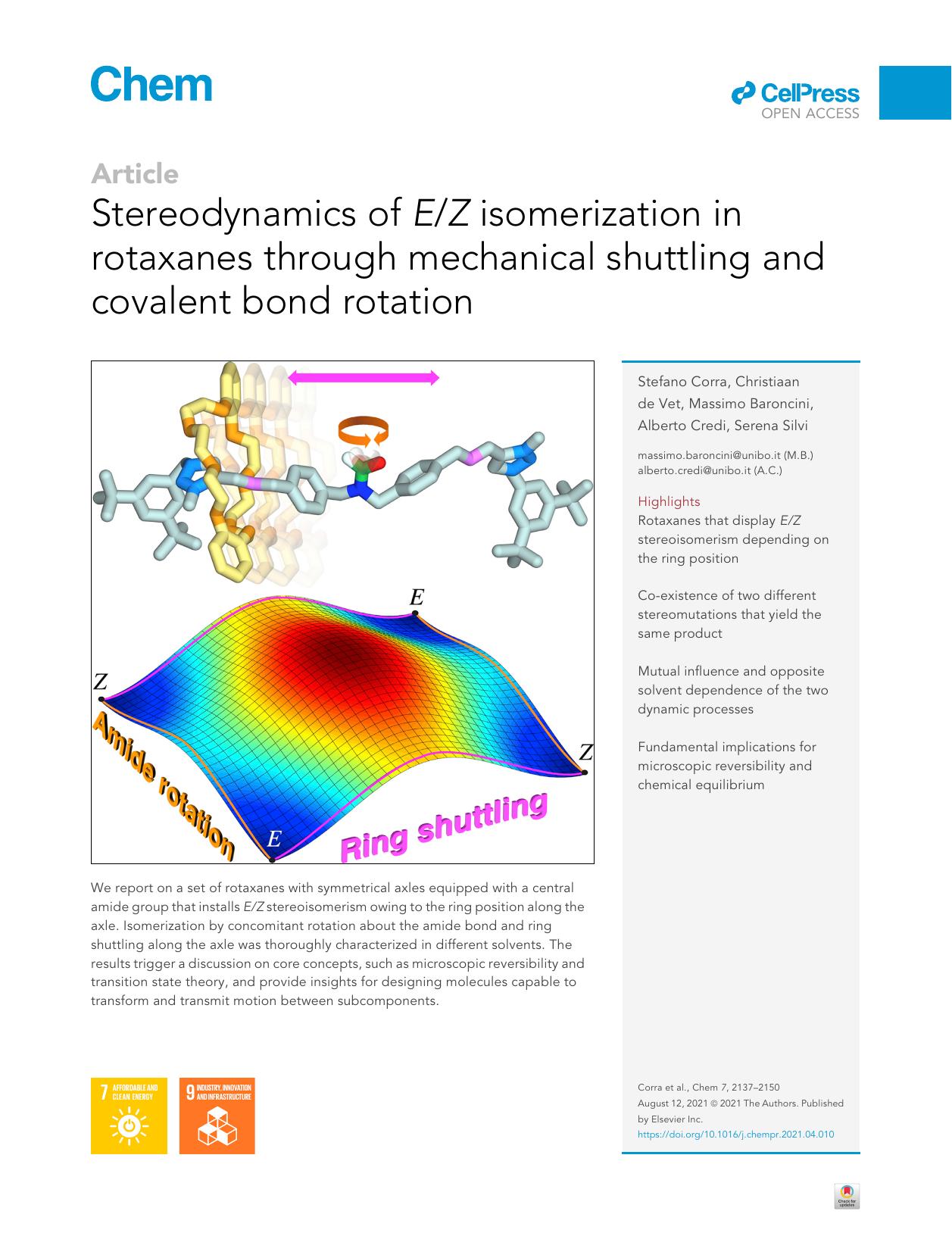 Stereodynamics of EZ isomerization in rotaxanes through mechanical shuttling and covalent bond rotation by Stefano Corra & Christiaan de Vet & Massimo Baroncini & Alberto Credi & Serena Silvi