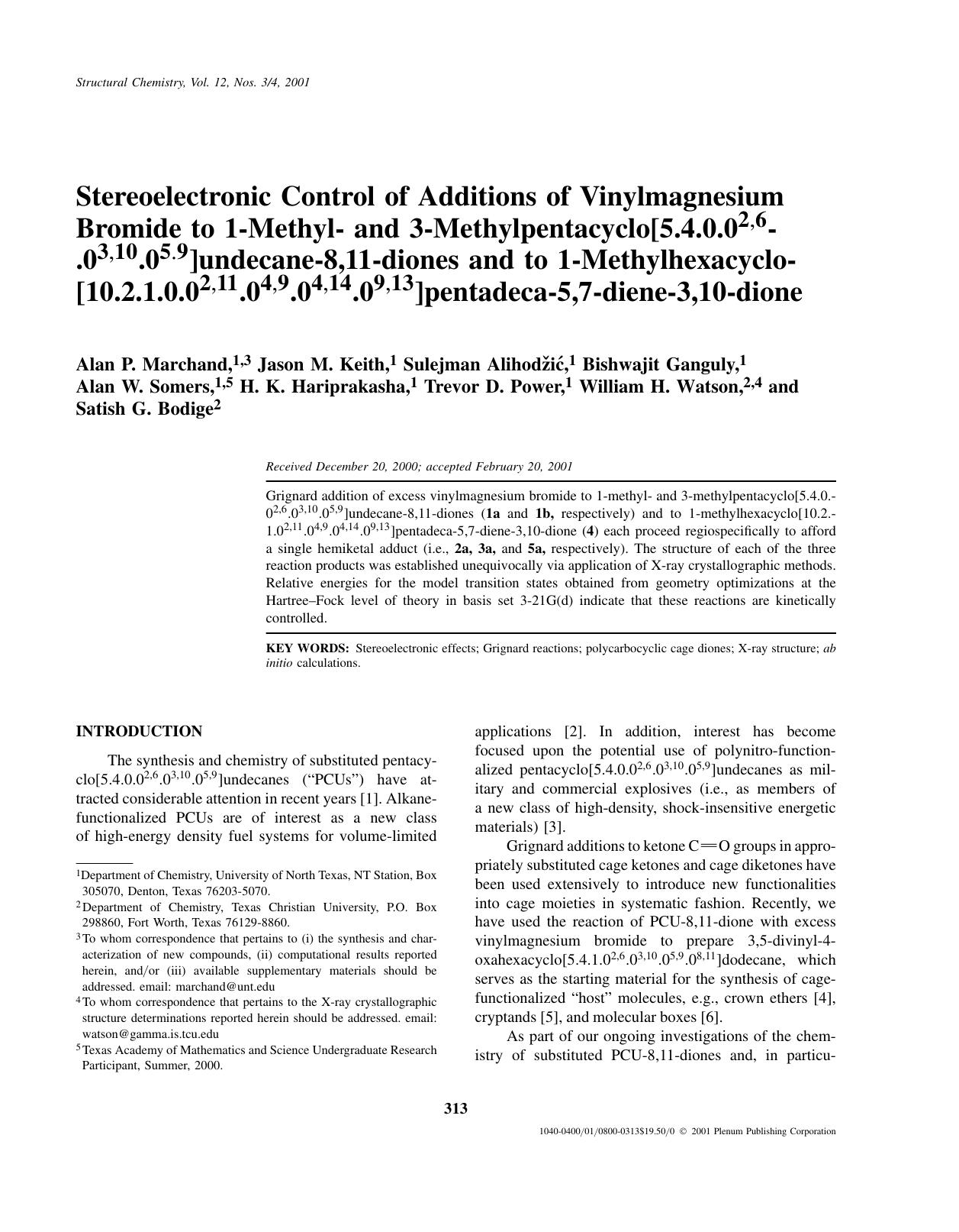 Stereoelectronic Control of Additions of Vinylmagnesium Bromide to 1-Methyland 3-Methylpentacyclo[5.4.0.02,6.03,10.05.9]undecane-8,11-diones and to 1-Methylhexacyclo[10.2.1.0.02,11 by Unknown
