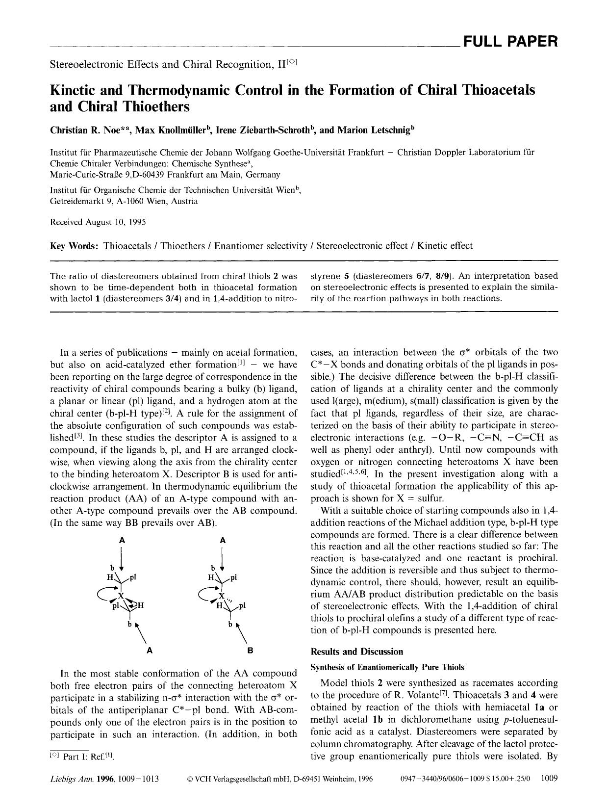 Stereoelectronic Effects and Chiral Recognition, II. Kinetic and Thermodynamic Control in the Formation of Chiral Thioacetals and Chiral Thioethers by Unknown