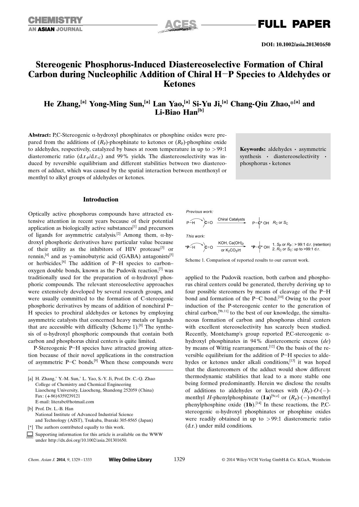 Stereogenic PhosphorusInduced Diastereoselective Formation of Chiral Carbon during Nucleophilic Addition of Chiral HP Species to Aldehydes or Ketones by Unknown
