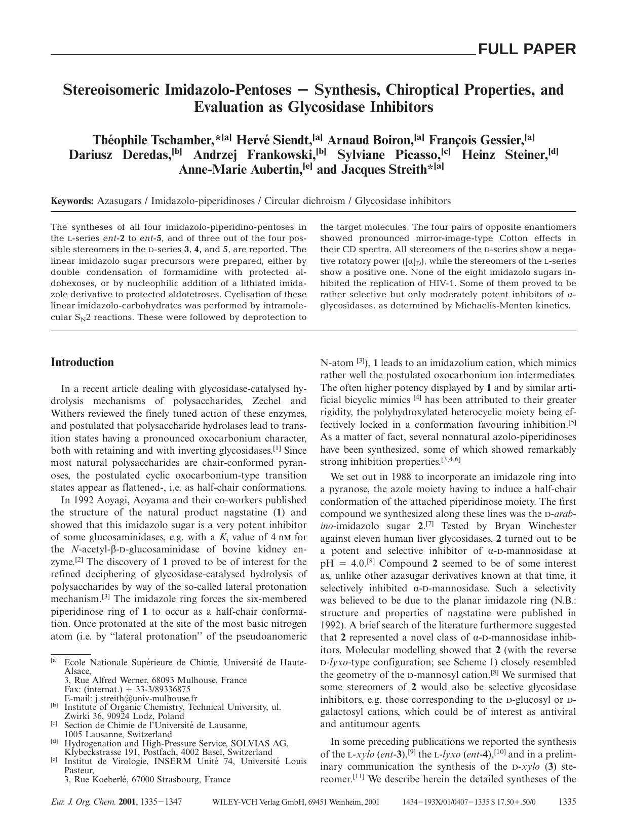 Stereoisomeric Imidazolo-Pentoses - Synthesis, Chiroptical Properties, and Evaluation as Glycosidase Inhibitors by Unknown