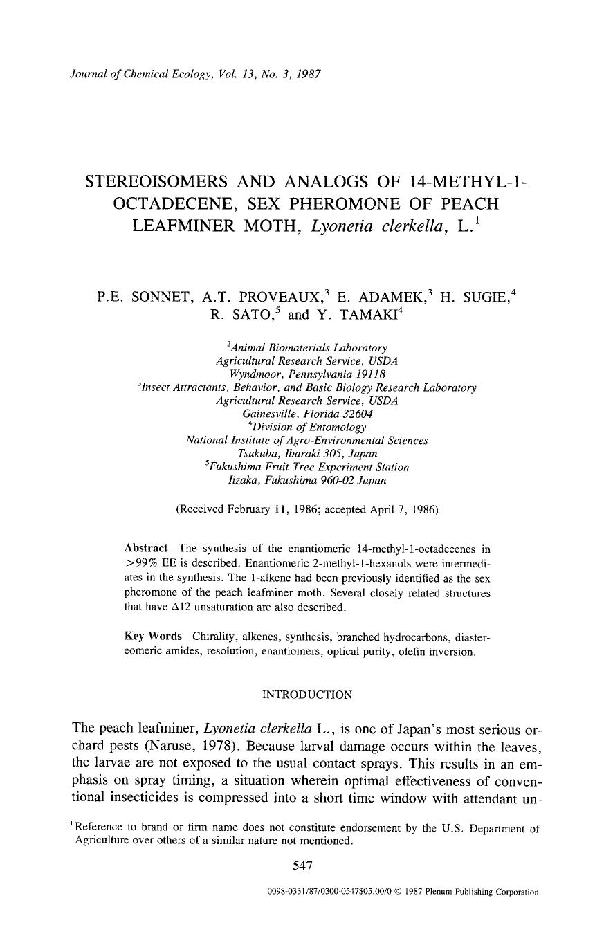 Stereoisomers and analogs of 14-methyl-1-octadecene, sex pheromone of peach leafminer moth, <Emphasis Type="Italic">Lyonetia clerkella <Emphasis>, L. by Unknown