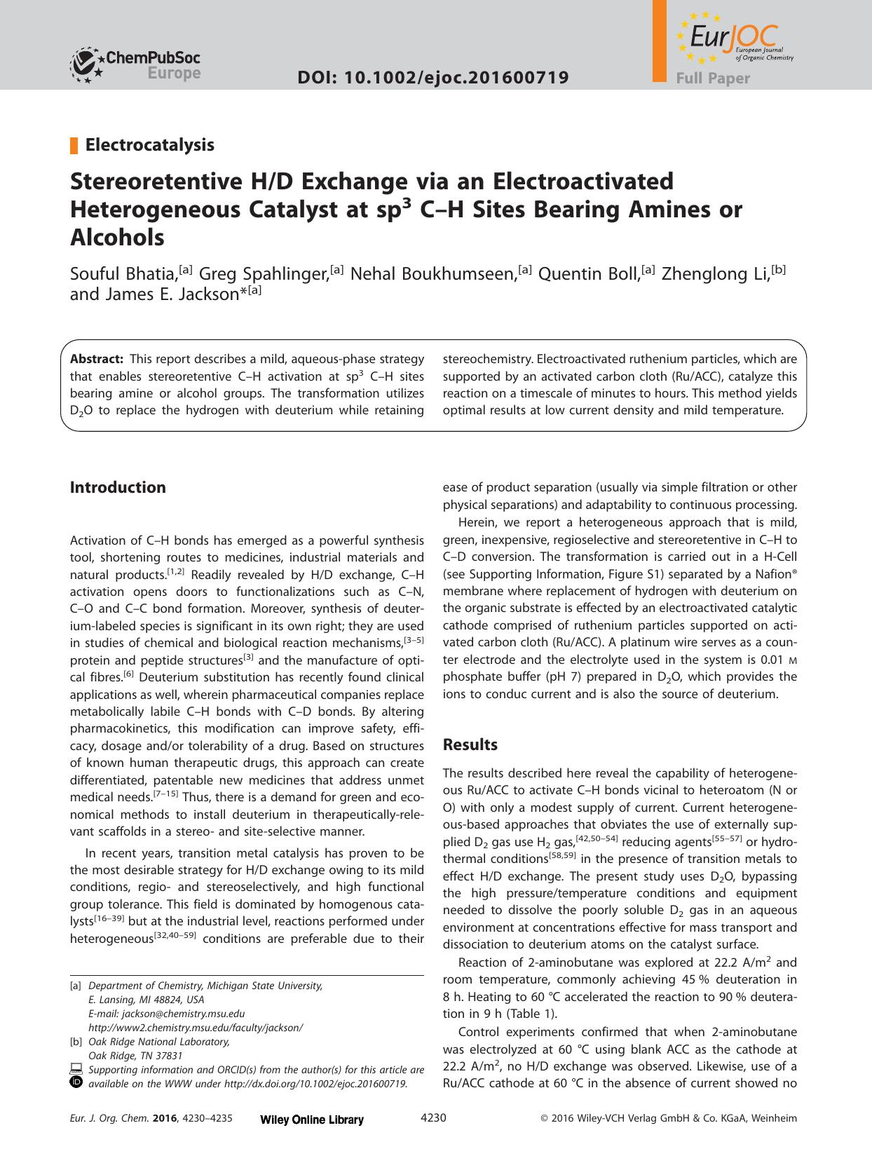 Stereoretentive HD Exchange via an Electroactivated Heterogeneous Catalyst at sp<sup>3<sup> C&#x02013;H Sites Bearing Amines or Alcohols by Unknown