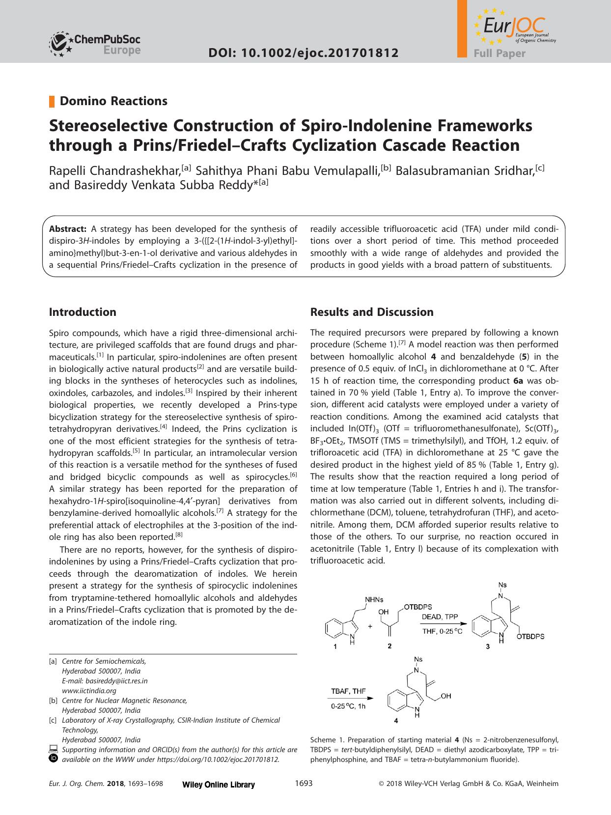 Stereoselective Construction of Spiro‐Indolenine Frameworks through a PrinsFriedel–Crafts Cyclization Cascade Reaction by Unknown
