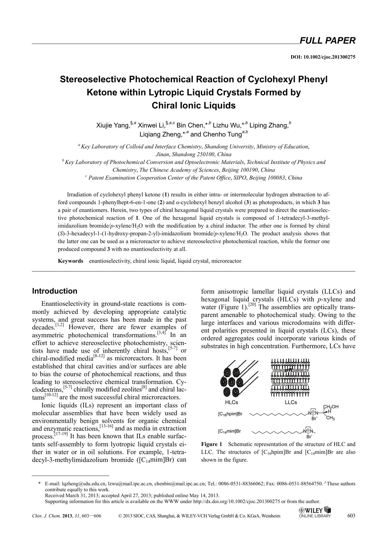 Stereoselective Photochemical Reaction of Cyclohexyl Phenyl Ketone within Lytropic Liquid Crystals Formed by Chiral Ionic Liquids by Administrator