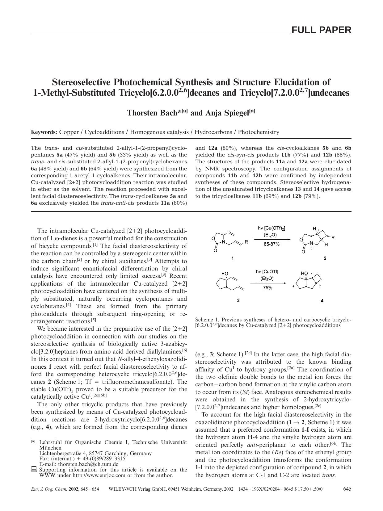 Stereoselective Photochemical Synthesis and Structure Elucidation of 1-Methyl-Substituted Tricyclo[6.2.0.02,6]decanes and Tricyclo[7.2.0.02,7]undecanes by Unknown