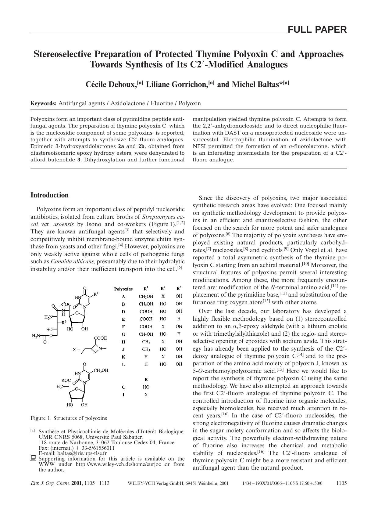 Stereoselective Preparation of Protected Thymine Polyoxin C and Approaches Towards Synthesis of Its C2[prime]-Modified Analogues by Unknown