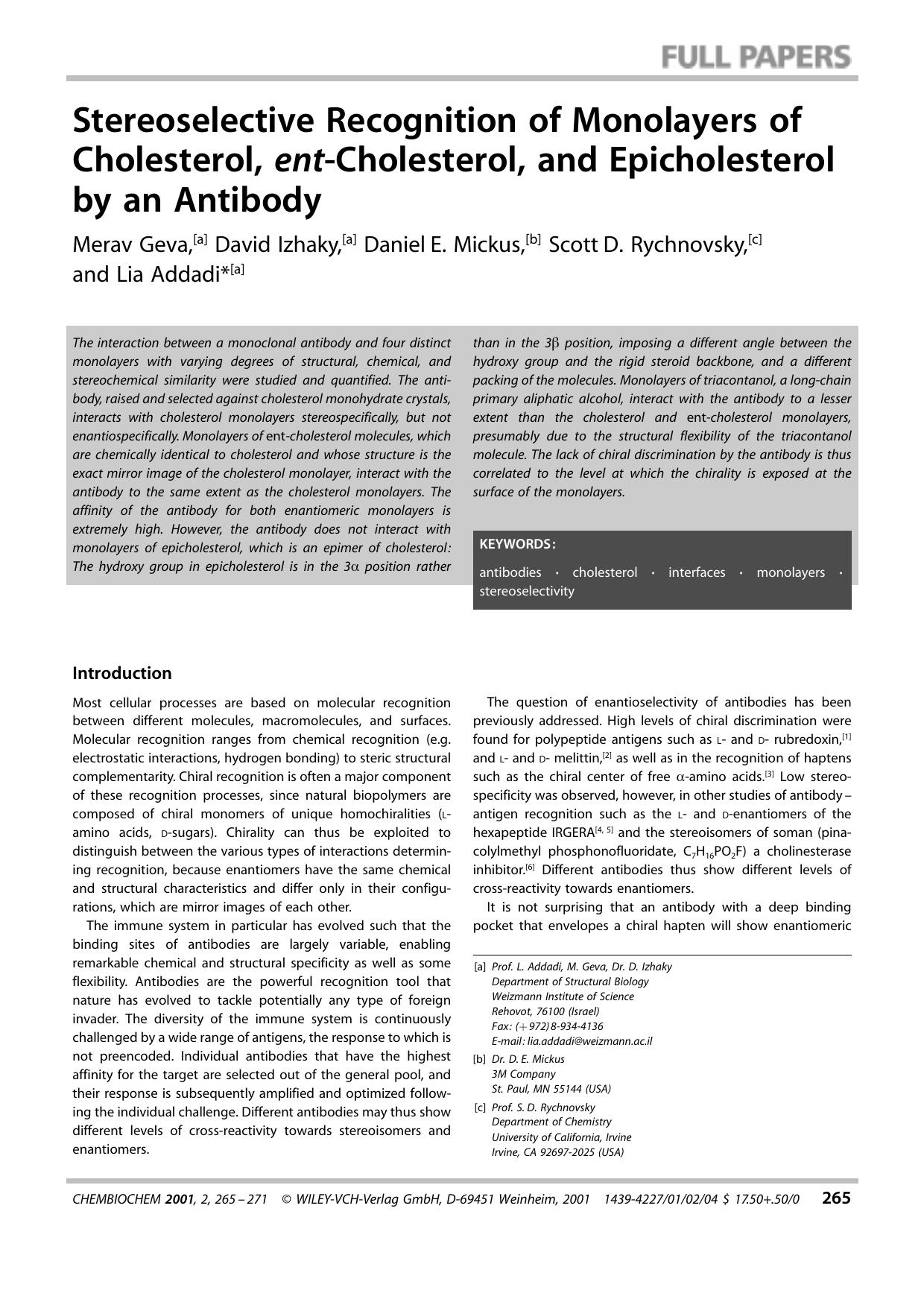Stereoselective Recognition of Monolayers of Cholesterol, ent-Cholesterol, and Epicholesterol by an Antibody by Systemverwalter
