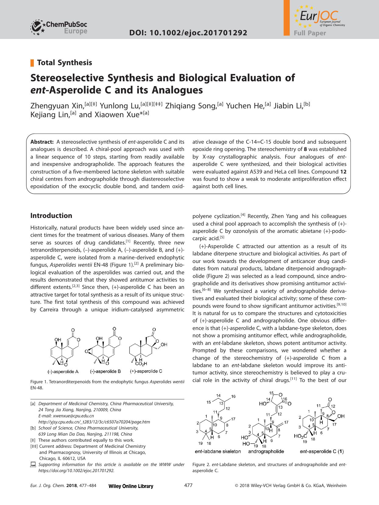 Stereoselective Synthesis and Biological Evaluation of <i>ent<i>‐Asperolide C and its Analogues by Unknown