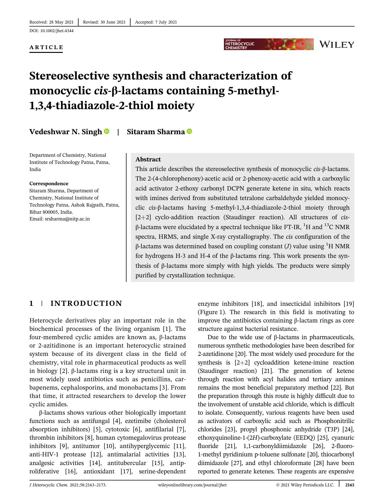 Stereoselective Synthesis and Characterization of Monocyclic cis-Î²-lactams Containing 5-methyl-1,3,4-thiadiazole-2-thiol Moiety by Unknown