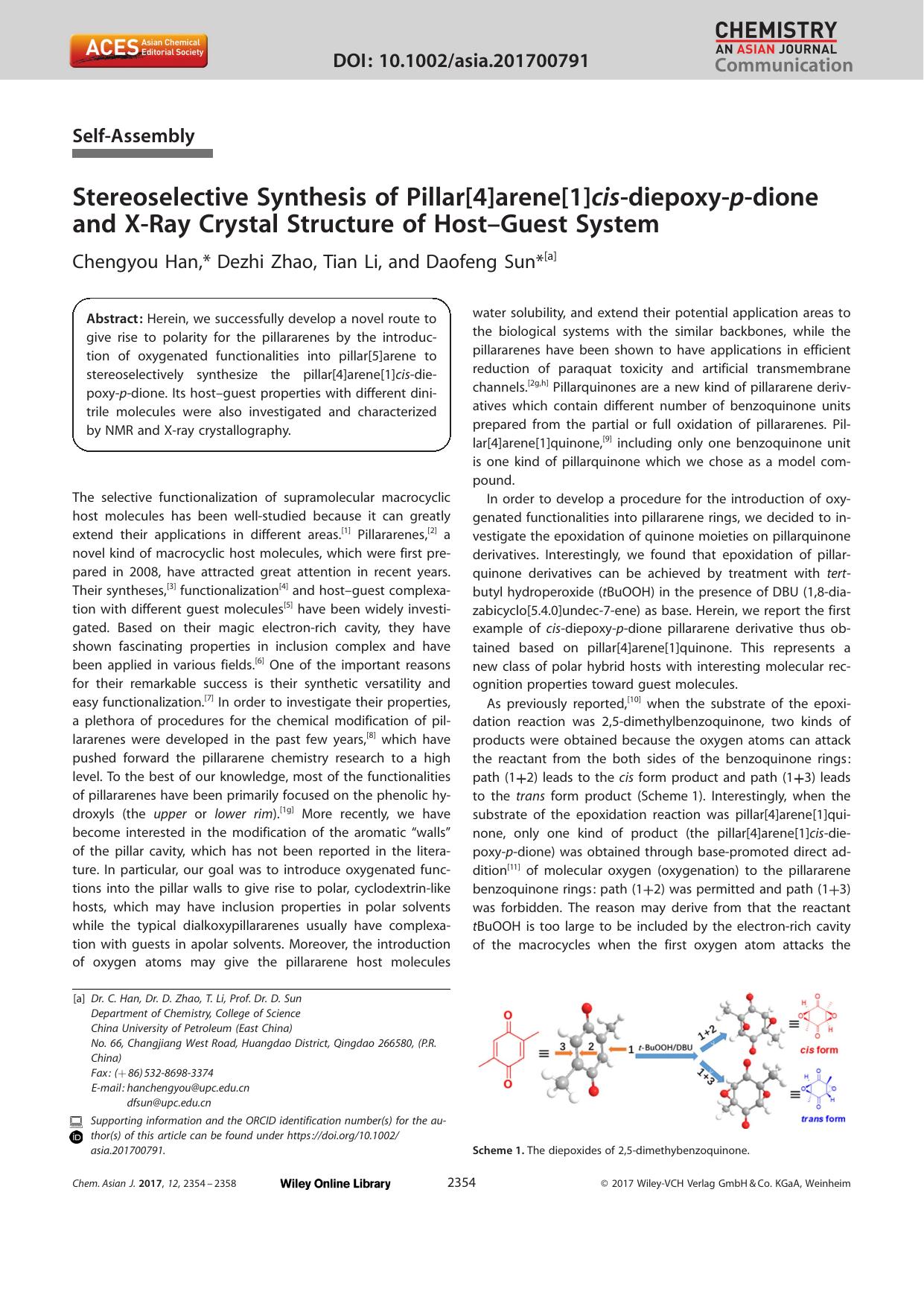 Stereoselective Synthesis of Pillar[4]arene[1]cisâdiepoxyâpâdione and XâRay Crystal Structure of HostâGuest System by Unknown
