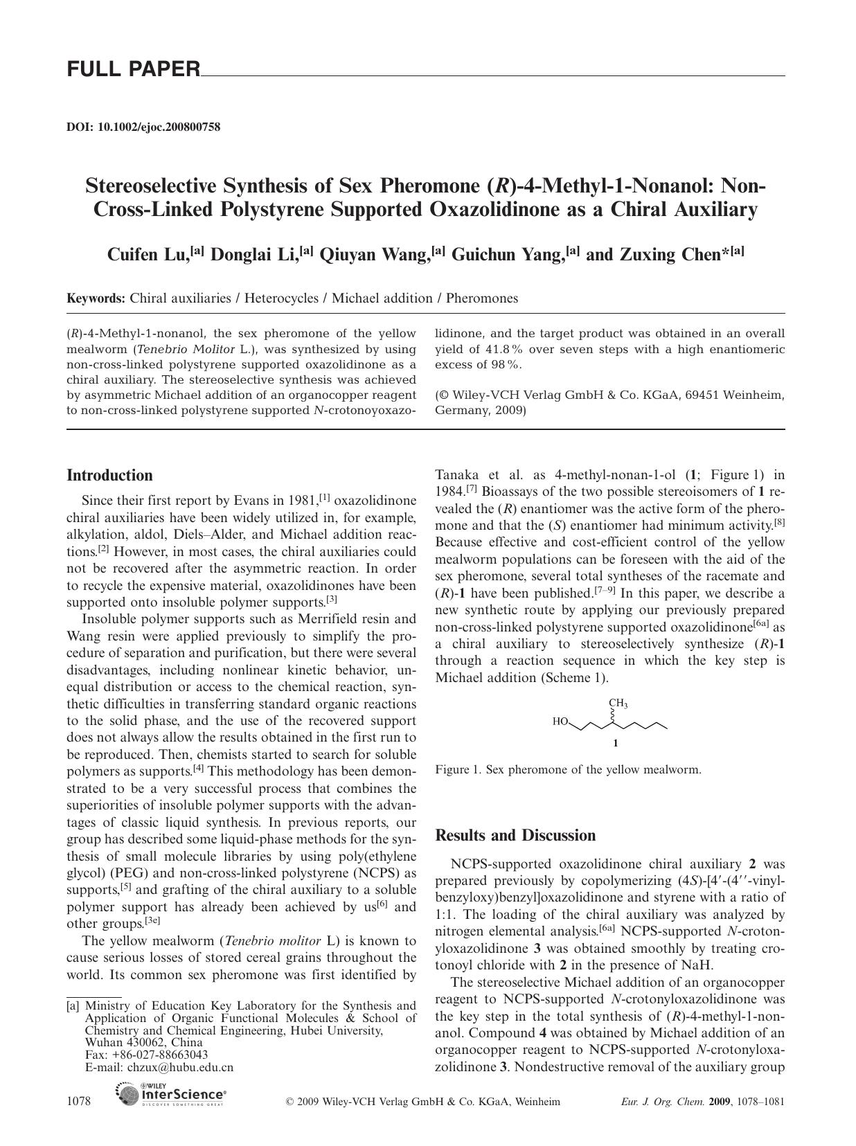 Stereoselective Synthesis of Sex Pheromone (R)-4-Methyl-1-Nonanol: Non-Cross-Linked Polystyrene Supported Oxazolidinone as a Chiral Auxiliary by Unknown