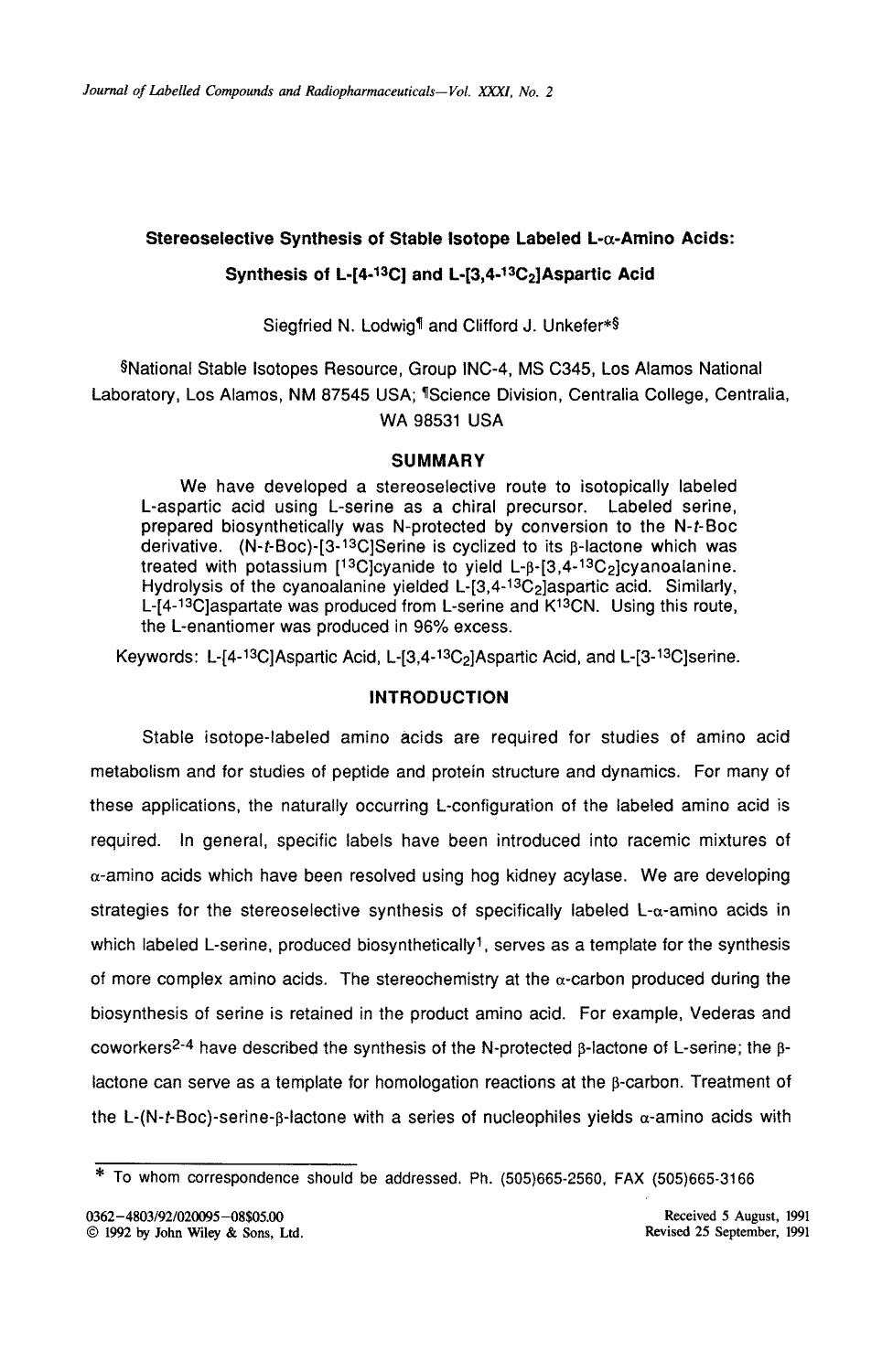 Stereoselective Synthesis of Stable Isotope Labeled L-[alpha]-Amino Acids: Synthesis of L[minus][4[minus]13C] and L[minus][3,4[minus]13C2]Aspartic Acid by Unknown
