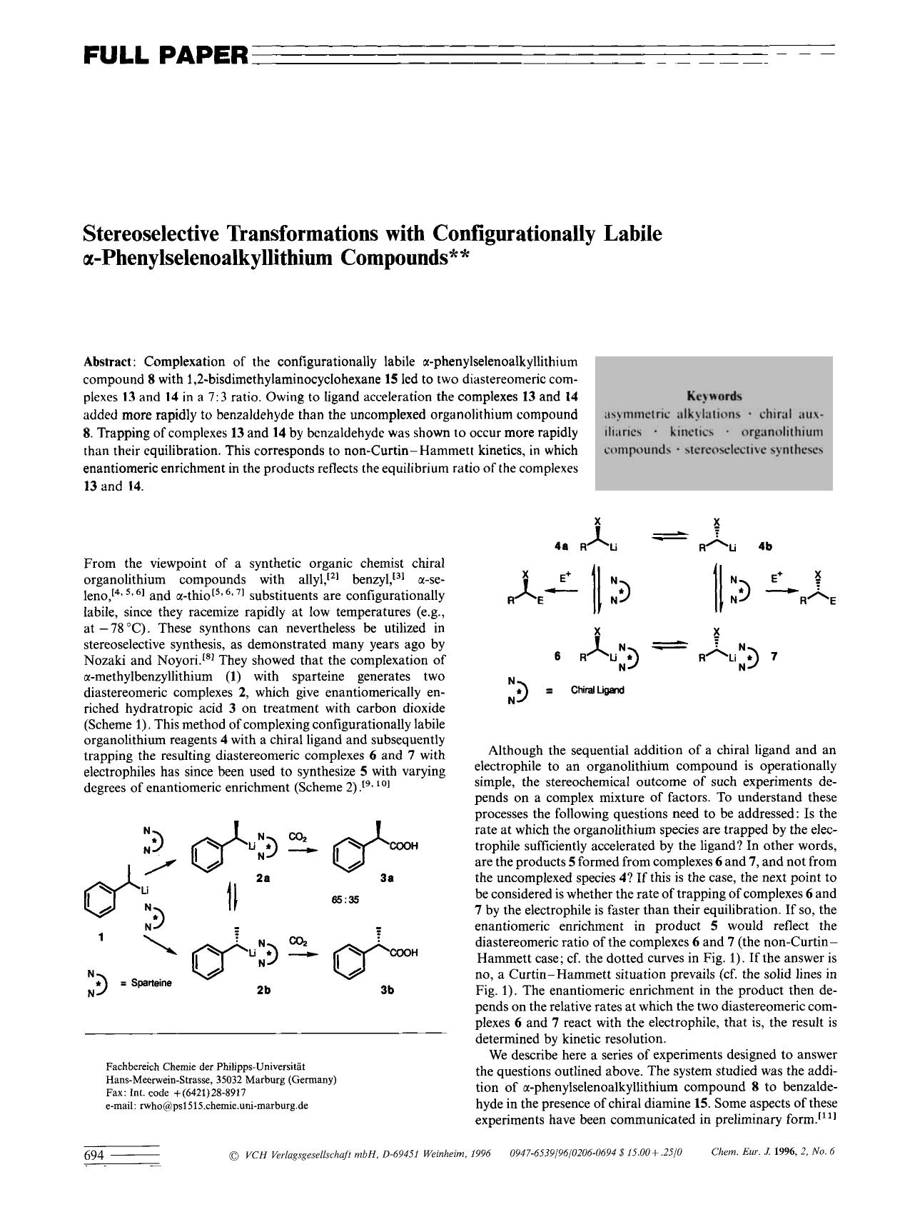 Stereoselective Transformations with Configurationally Labile [alpha]-Phenylselenoalkyllithium Compounds by Unknown