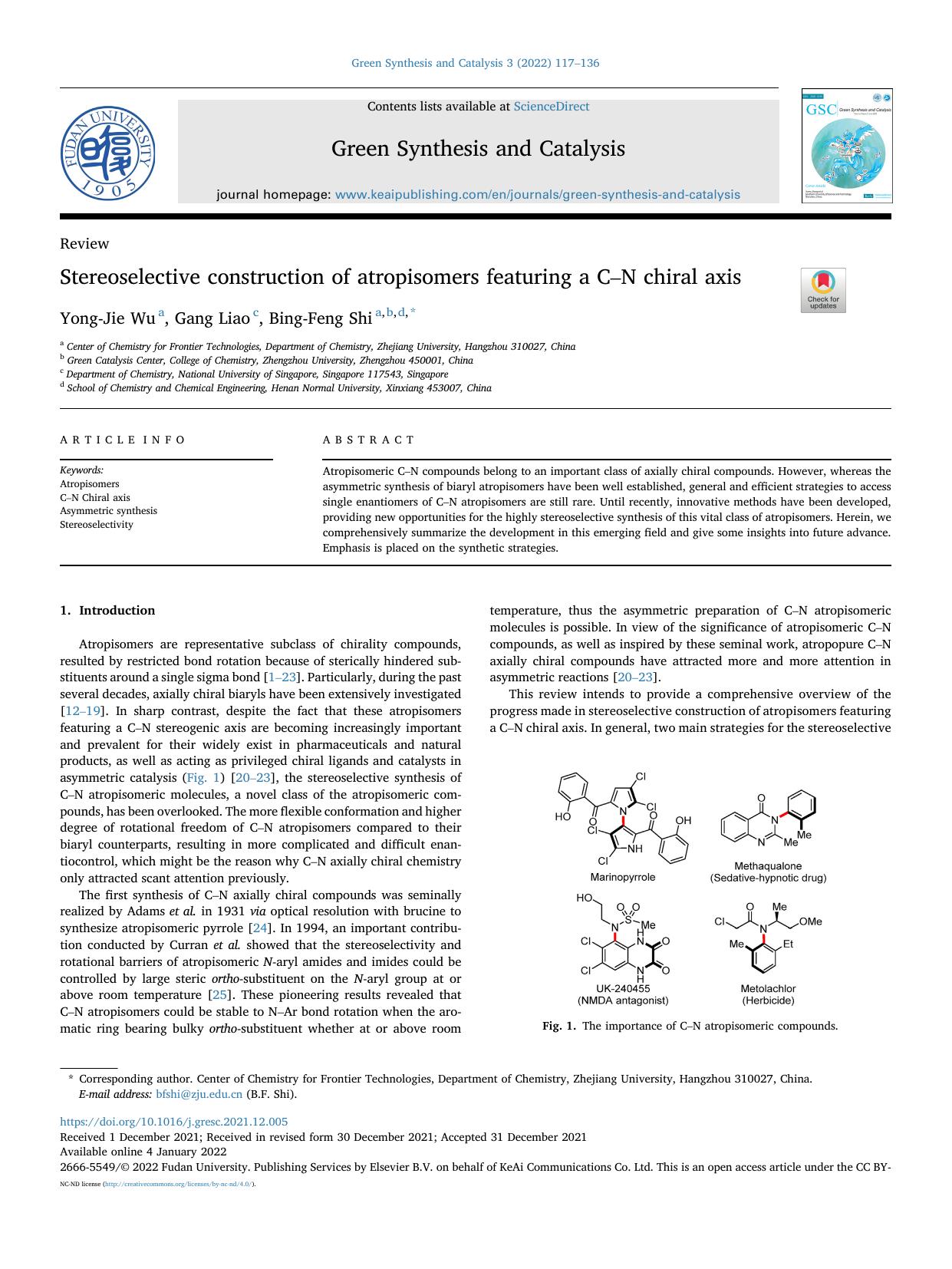 Stereoselective construction of atropisomers featuring a C-N chiral axis by Yong-Jie Wu & Gang Liao & Bing-Feng Shi
