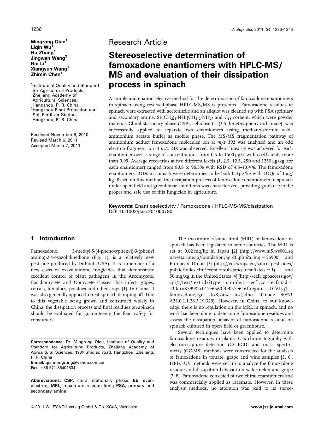 Stereoselective determination of famoxadone enantiomers with HPLCMSMS and evaluation of their dissipation process in spinach by Unknown
