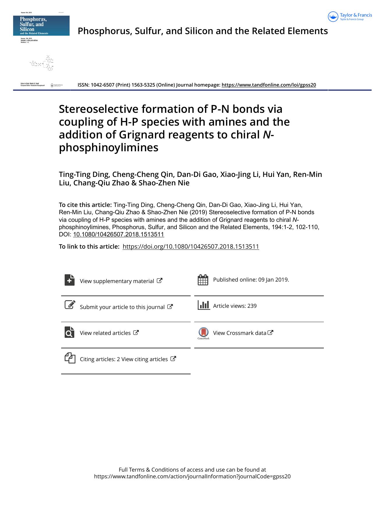 Stereoselective formation of P-N bonds via coupling of H-P species with amines and the addition of Grignard reagents to chiral N-phosphinoylimines by unknow