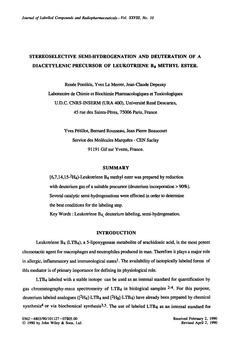 Stereoselective semi-hydrogenation and deuteration of a diacetylenic precursor of leukotriene B4 methyl ester by Unknown