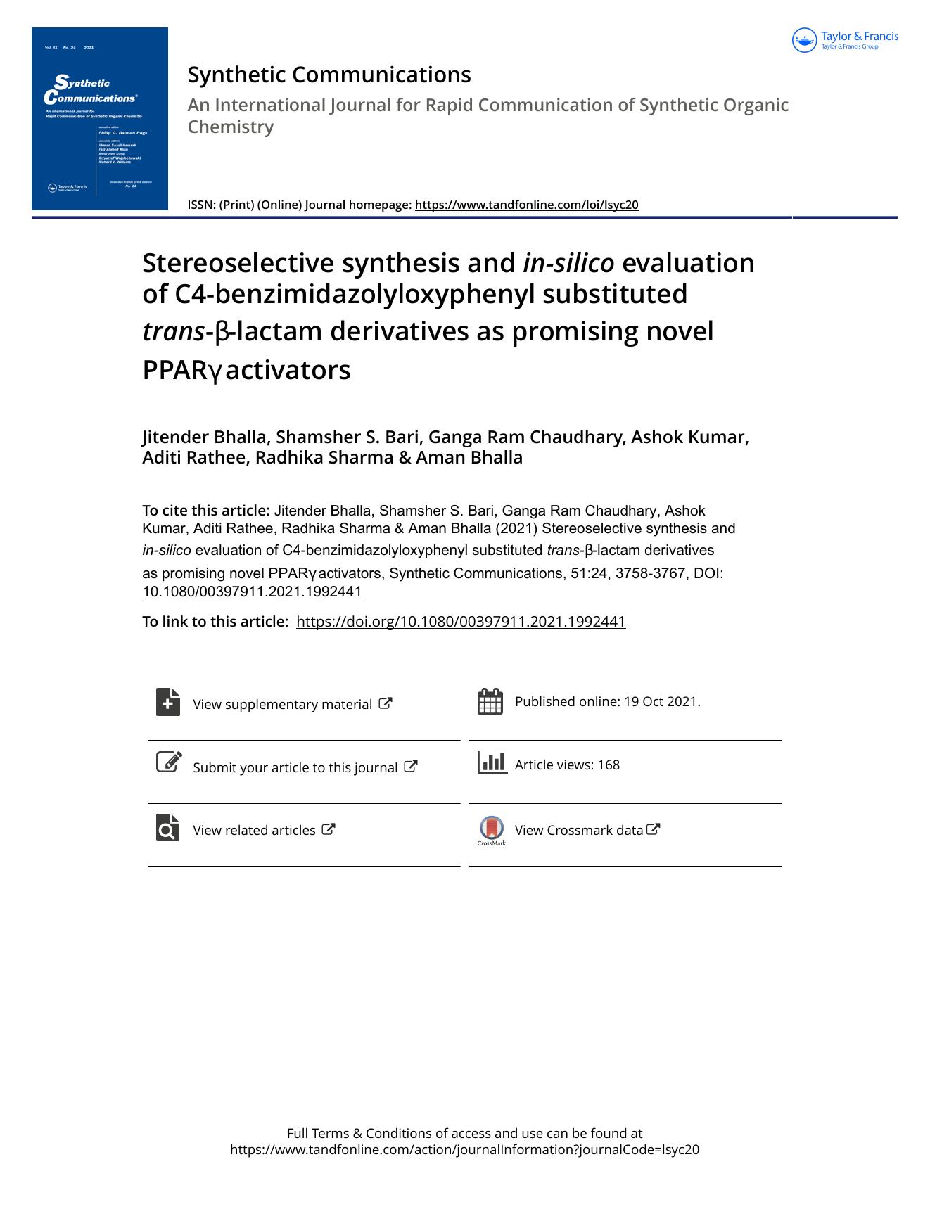 Stereoselective synthesis and in-silico evaluation of C4-benzimidazolyloxyphenyl substituted trans-Î²-lactam derivatives as promising novel PPARÎ³ activators by unknow