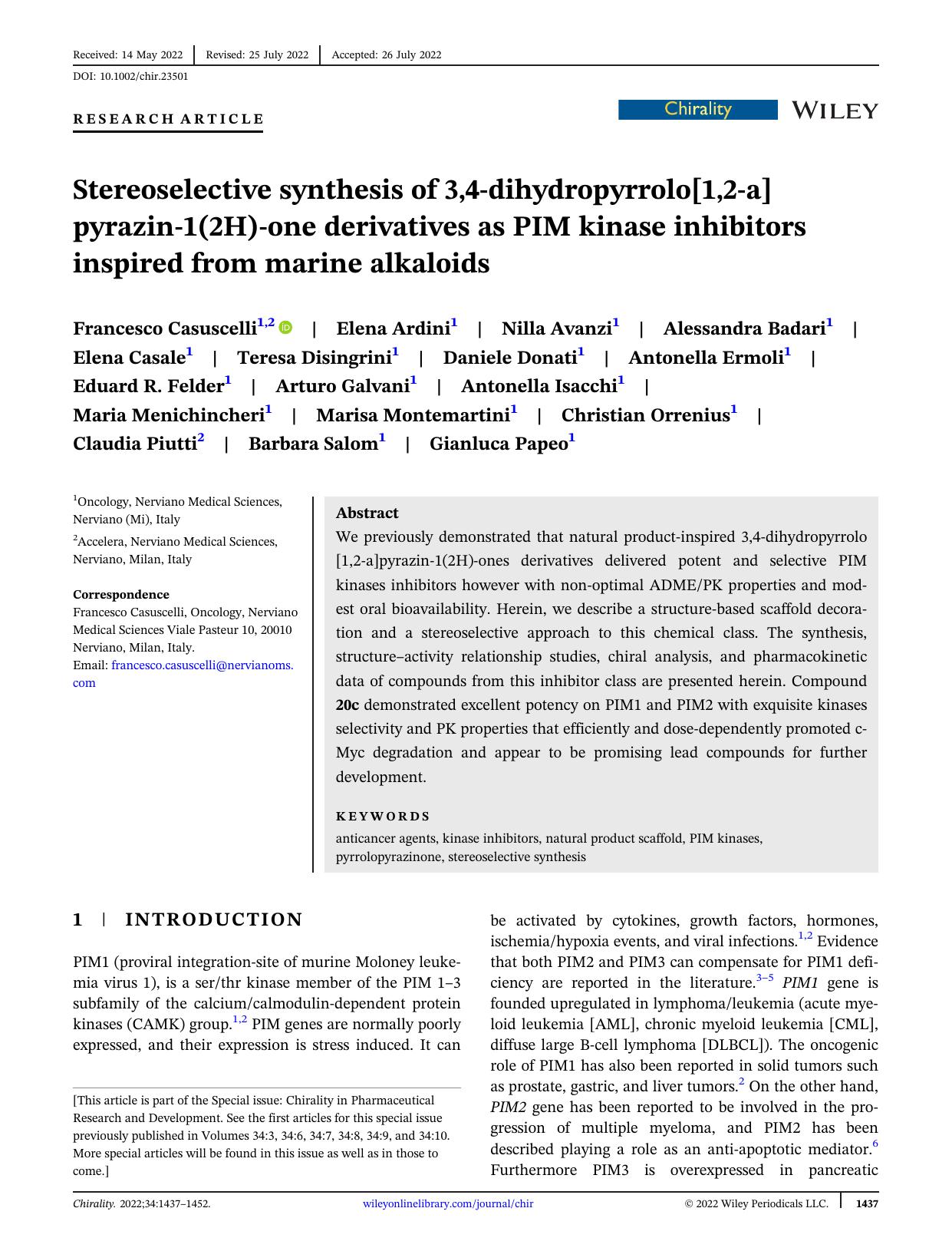 Stereoselective synthesis of 3,4âdihydropyrrolo[1,2âa]pyrazinâ1(2H)âone derivatives as PIM kinase inhibitors inspired from marine alkaloids by unknow