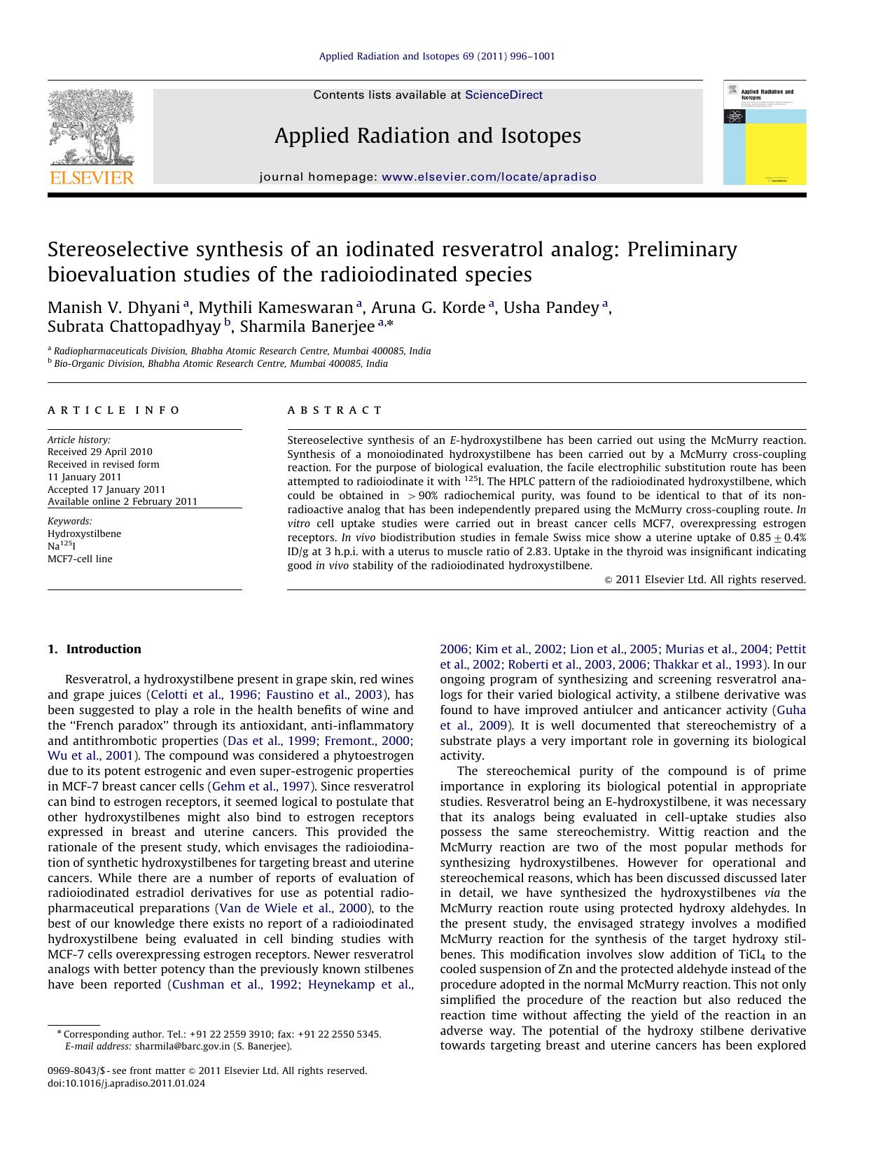 Stereoselective synthesis of an iodinated resveratrol analog Preliminary bioevaluation studies of the radioiodinated species by unknow
