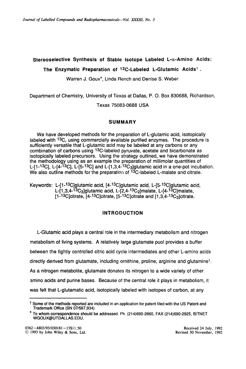 Stereoselective synthesis of stable isotope labeled L-[alpha]-amino acids: The enzymatic preparation of 13C-labeled L-glutamic acids by Unknown