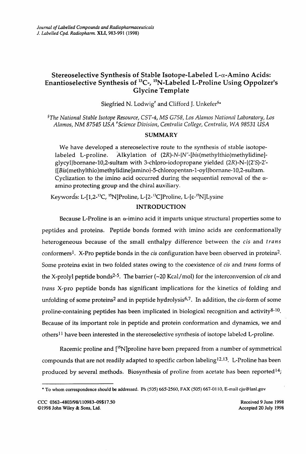 Stereoselective synthesis of stable isotope-labeled L-[agr]-amino acids: enantioselective synthesis of 13C-, 15N-labeled L-proline using Oppolzer's glycine template by Unknown