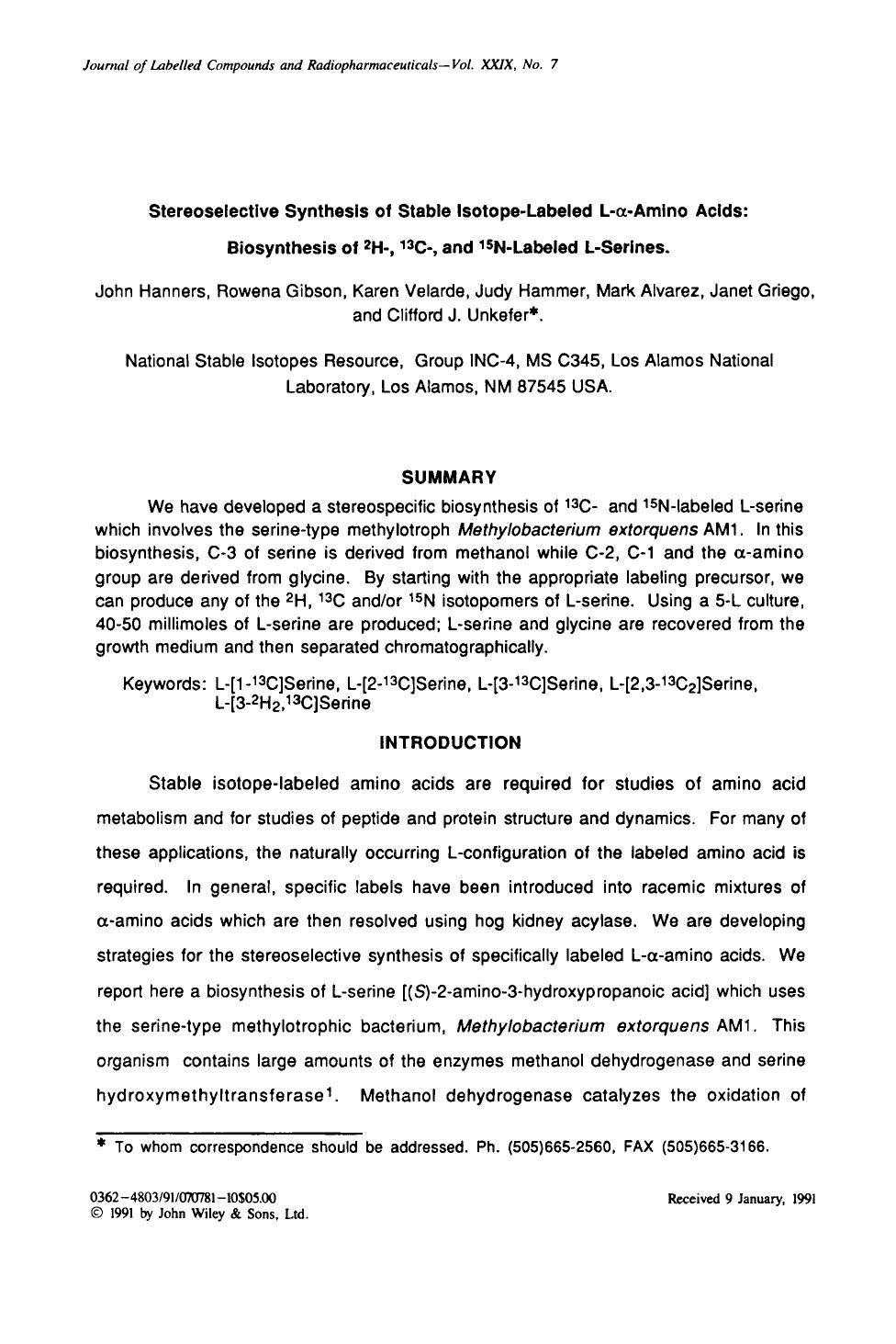 Stereoselective synthesis of stable isotope-labeled L-[alpha]-amino acids: Biosynthesis of 2H-, 13C-, and 15N-labeled L-serines by Unknown