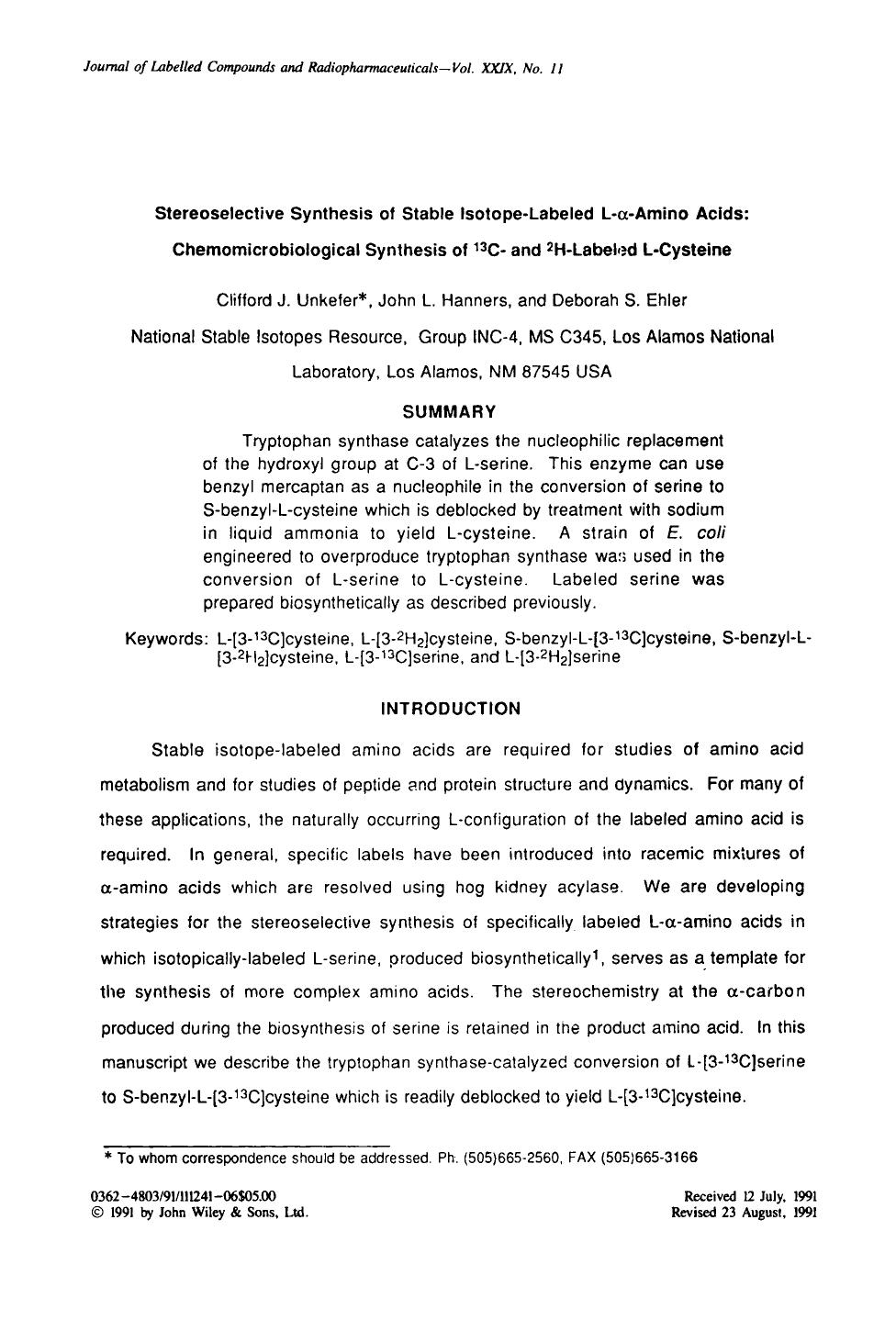 Stereoselective synthesis of stable isotope-labeled L-[alpha]-amino acids: Chemomicrobiological synthesis of 13C- and 2H-labeled L-cysteine by Unknown