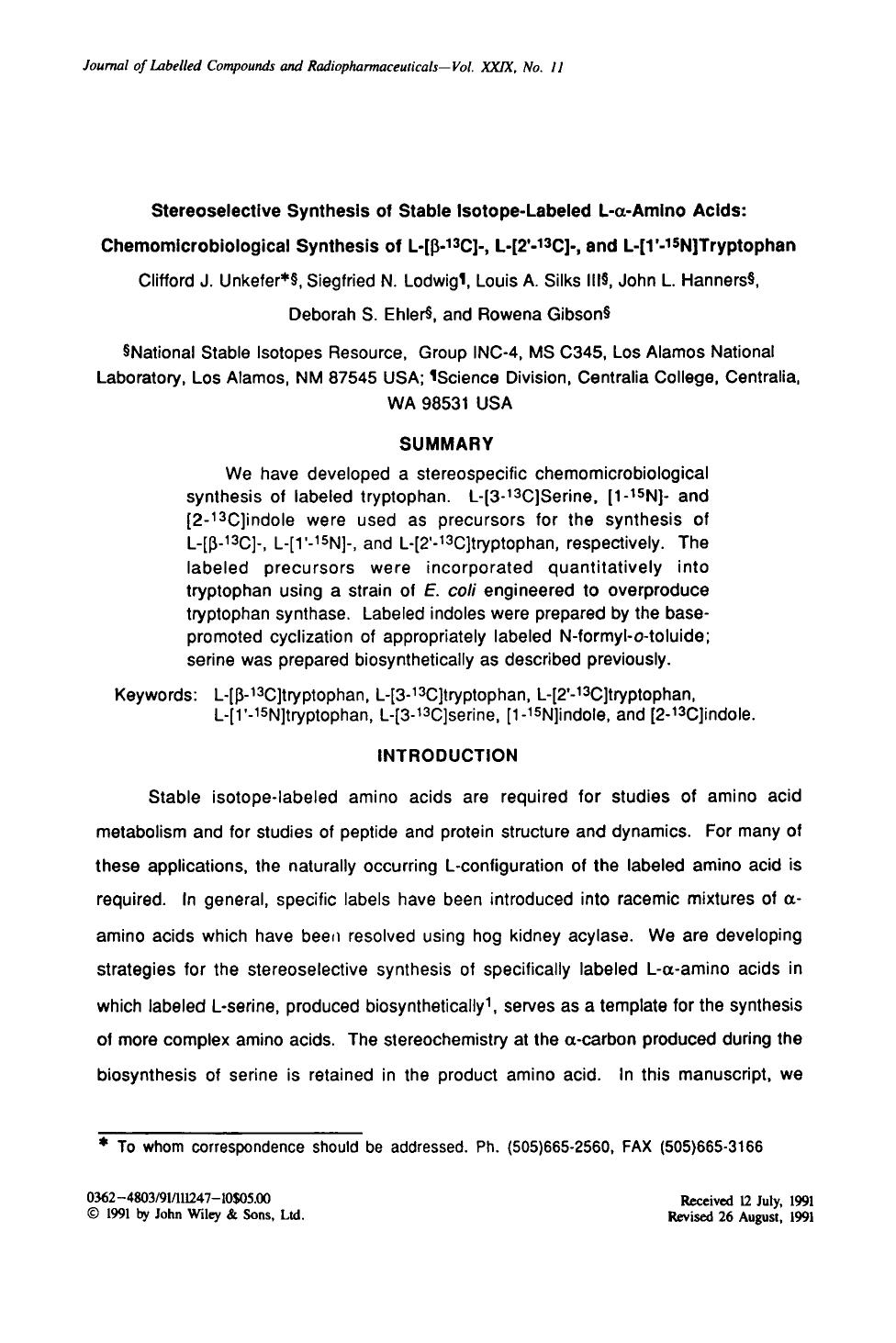 Stereoselective synthesis of stable isotope-labeled L-[alpha]-amino acids: Chemomicrobiological synthesis of L-[[beta]-13C]-, L-[2[prime]-13C]-, and L-[1[prime]15N]tryptophan by Unknown