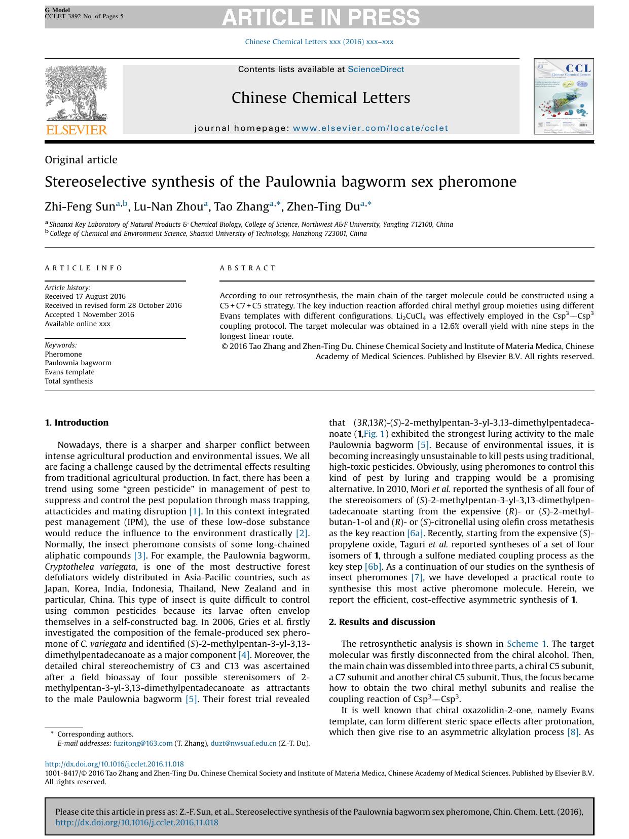 Stereoselective synthesis of the Paulownia bagworm sex pheromone by Zhi-Feng Sun & Lu-Nan Zhou & Tao Zhang & Zhen-Ting Du