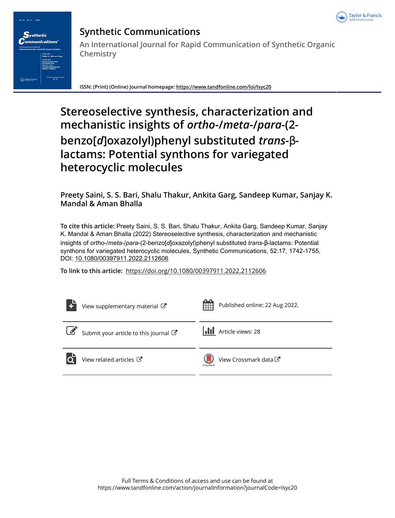 Stereoselective synthesis, characterization and mechanistic insights of ortho-meta-para-(2-benzo[d]oxazolyl)phenyl substituted trans-Î²-lactams: Potential synthons for variegated h by unknow