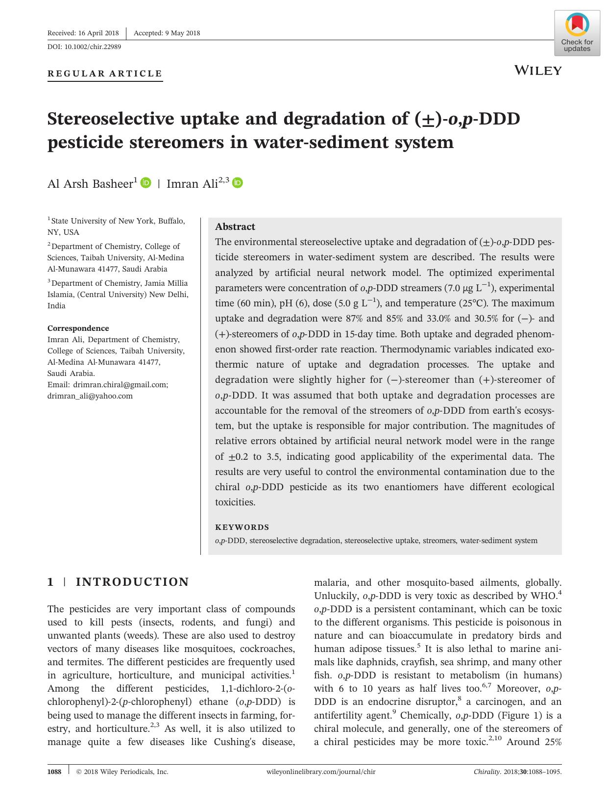 Stereoselective uptake and degradation of (Â±)âo,pâDDD pesticide stereomers in waterâsediment system by Al Arsh Basheer & Imran Ali