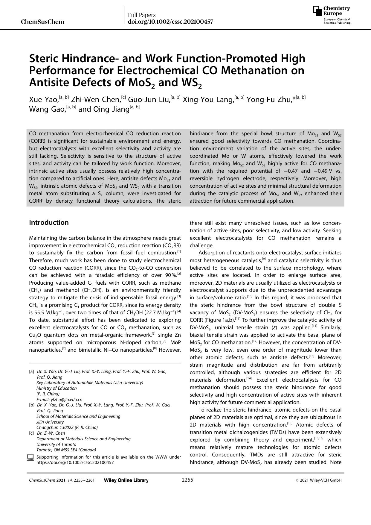 Steric Hindranceâ and Work FunctionâPromoted High Performance for Electrochemical CO Methanation on Antisite Defects of MoS2 and WS2 by Unknown