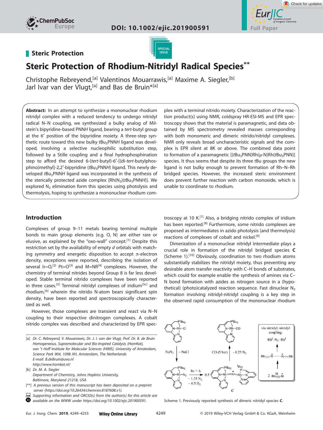 Steric Protection of RhodiumâNitridyl Radical Species by Unknown