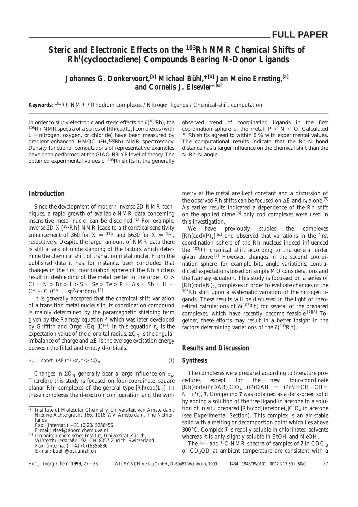 Steric and Electronic Effects on the 103Rh NMR Chemical Shifts of RhI(cyclooctadiene) Compounds Bearing N-Donor Ligands by Unknown