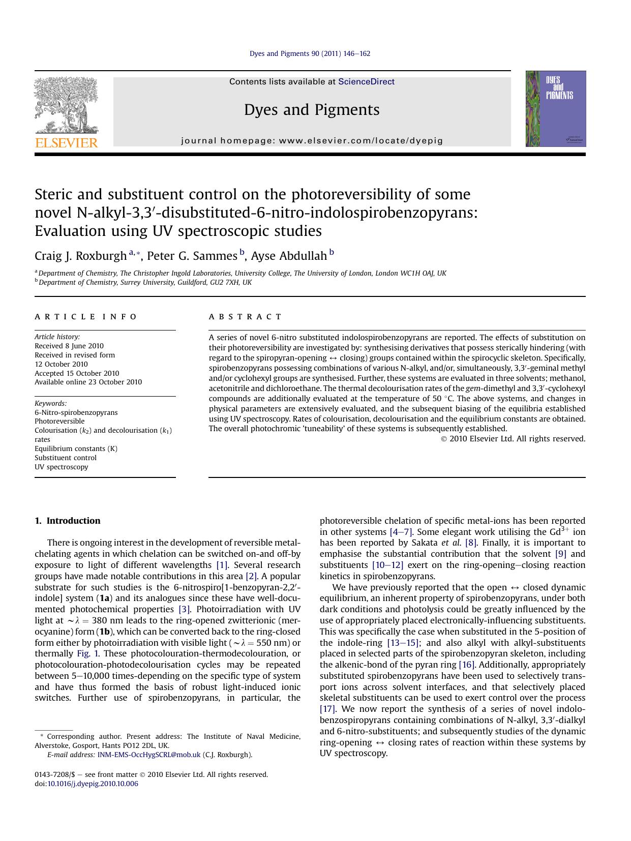 Steric and substituent control on the photoreversibility of some novel N-alkyl-3,3&prime;-disubstituted-6-nitro-indolospirobenzopyrans: Evaluation using UV spectroscopic studies by Craig J. Roxburgh & Peter G. Sammes & Ayse Abdullah