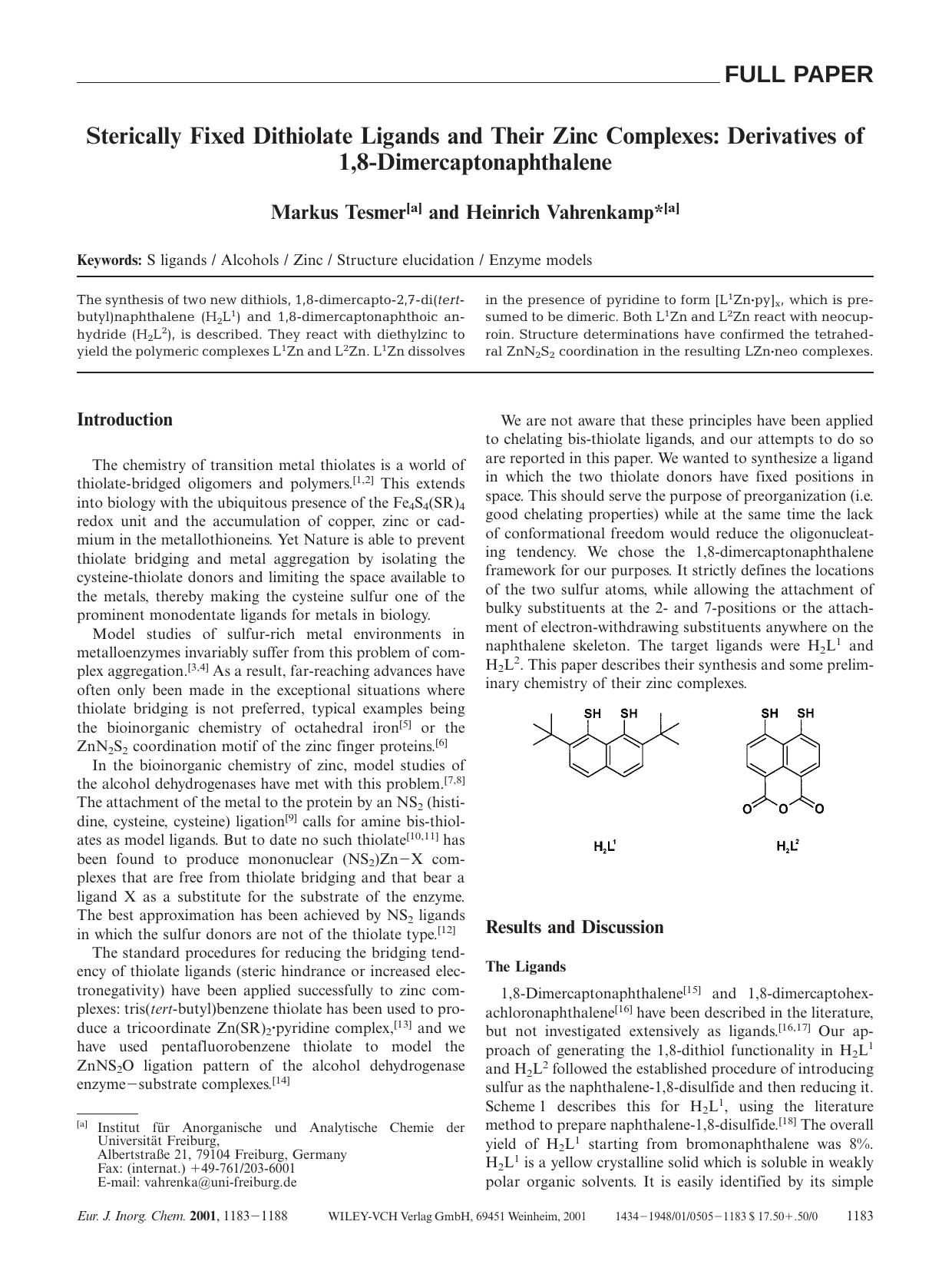 Sterically Fixed Dithiolate Ligands and Their Zinc Complexes: Derivatives of 1,8-Dimercaptonaphthalene by Unknown