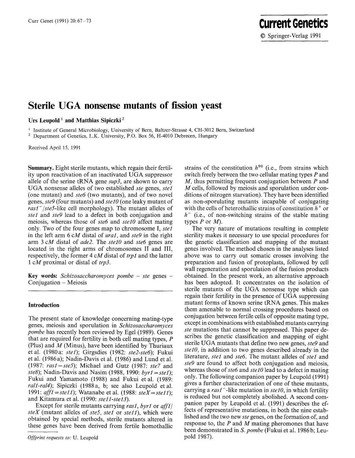 Sterile UGA nonsense mutants of fission yeast by Unknown