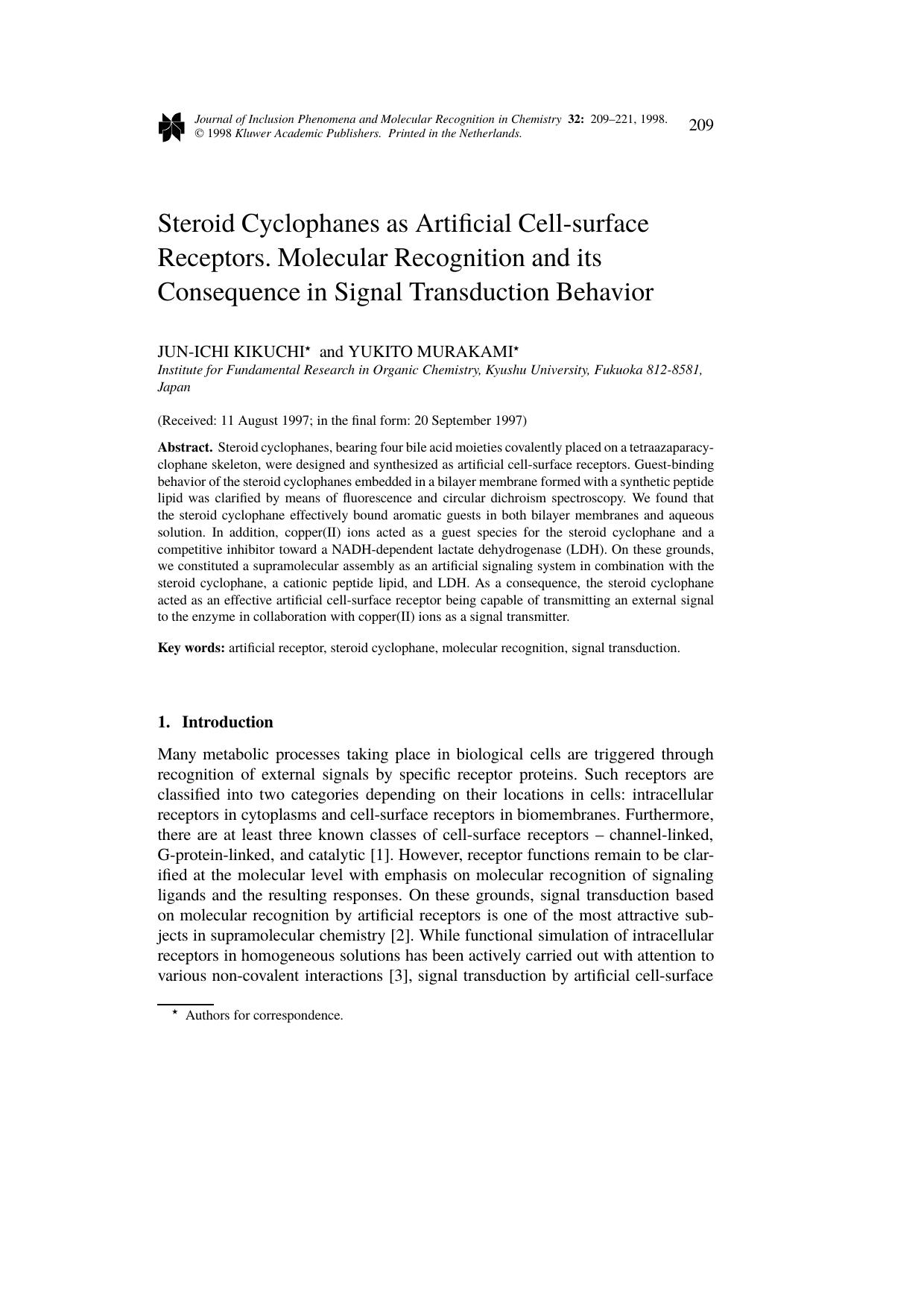 Steroid Cyclophanes as Artificial Cell-surface Receptors. Molecular Recognition and its Consequence in Signal Transduction Behavior by Unknown