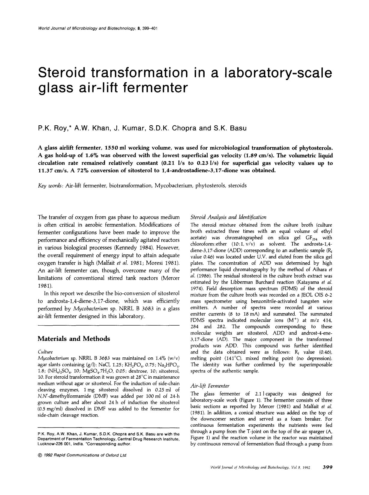 Steroid transformation in a laboratory-scale glass air-lift fermenter by Unknown