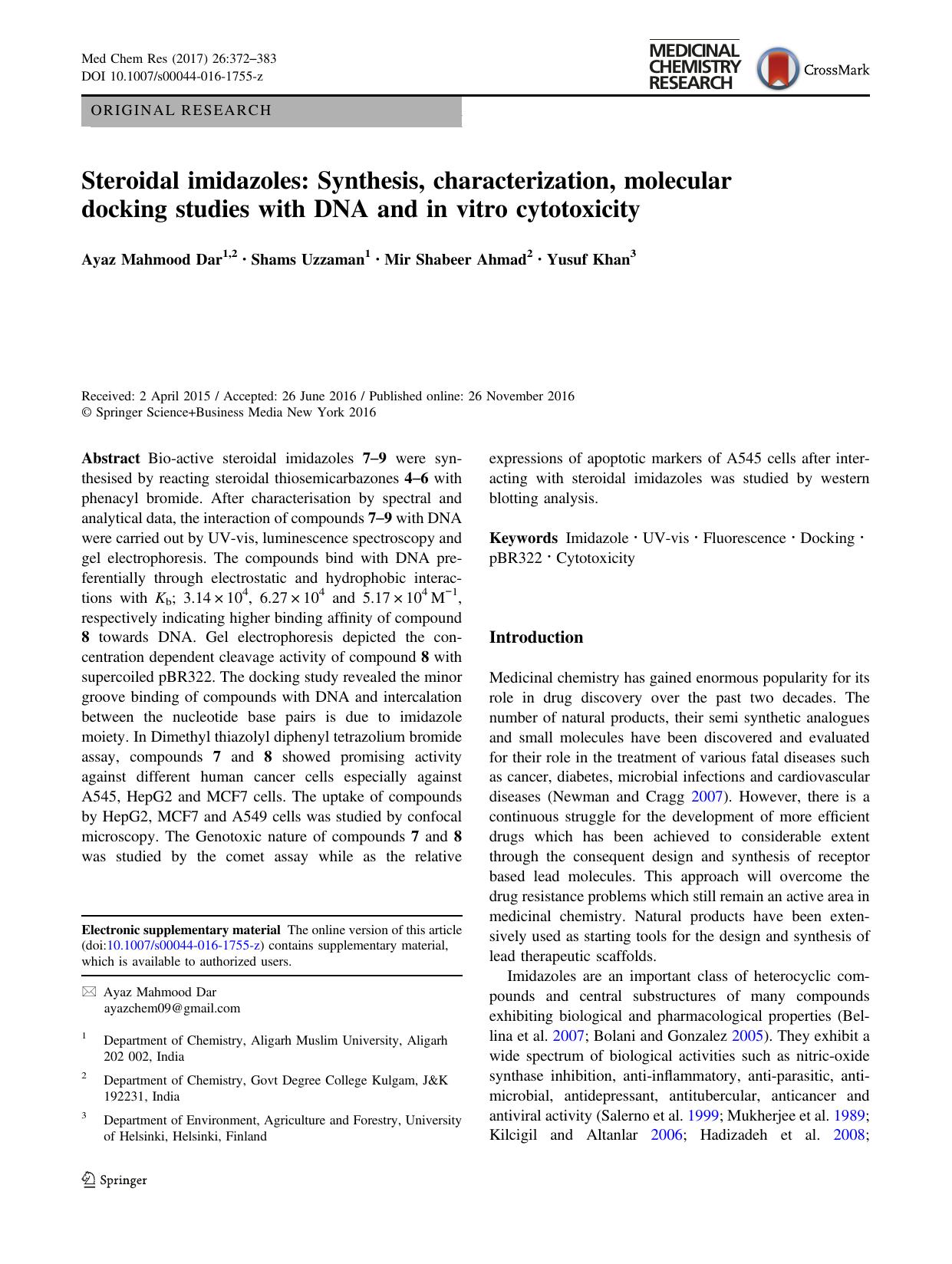 Steroidal imidazoles: Synthesis, characterization, molecular docking studies with DNA and in vitro cytotoxicity by Ayaz Mahmood Dar & Shams Uzzaman & Mir Shabeer Ahmad & Yusuf Khan